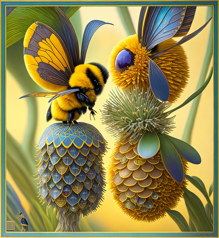 Stylized bumblebee on vibrant mechanical flowers against golden backdrop