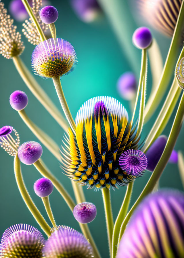 Close-up of blooming and closed thistle flowers in purple and yellow-green on teal background
