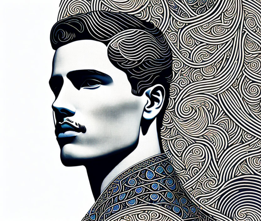 Monochrome profile illustration of a man with stylized hair and swirling patterns