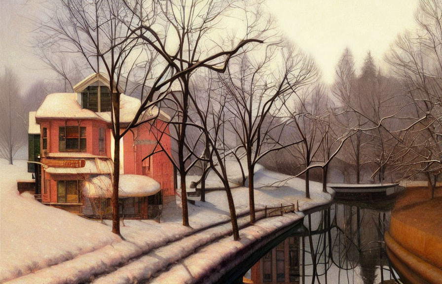 Snow-covered trees and house by calm river in serene winter scene