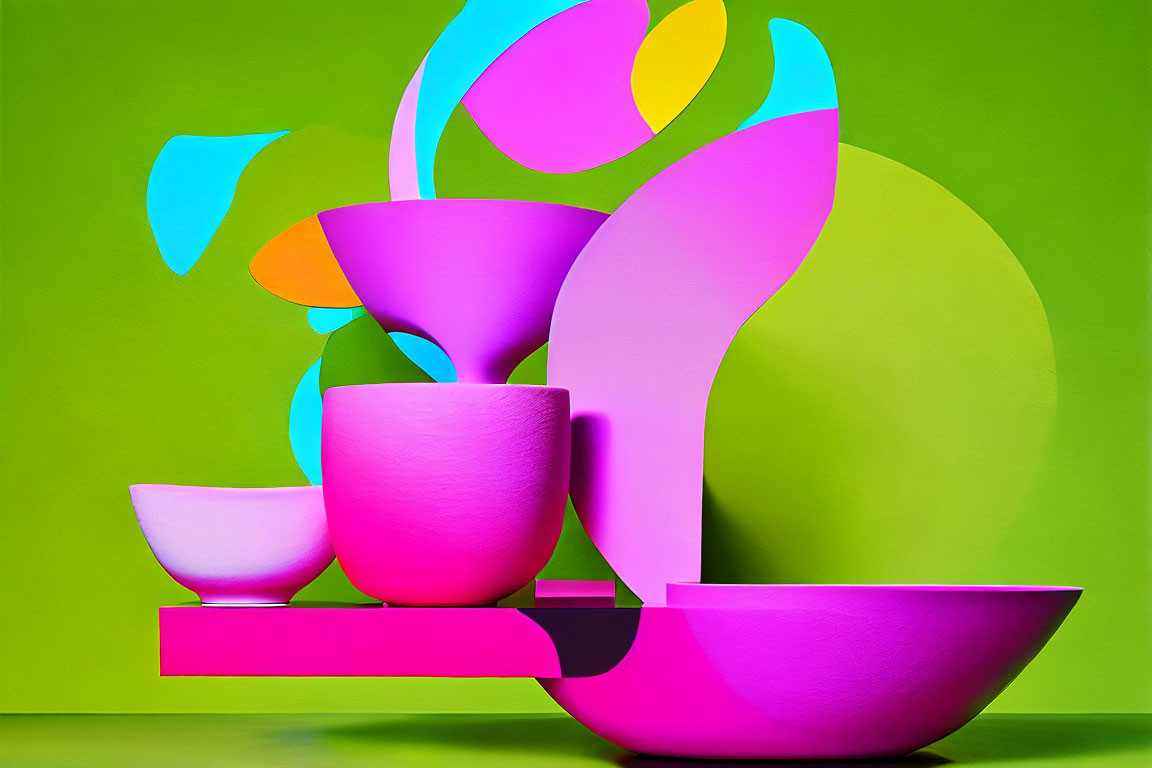 Colorful Abstract Paper Art: Magenta and Purple Cups on Green Background