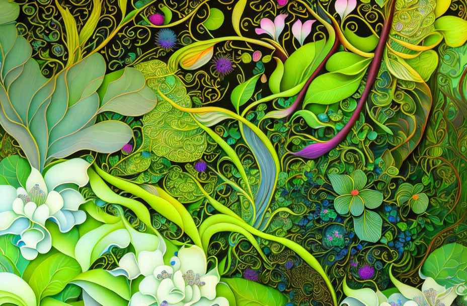 Colorful digital artwork of stylized plants, leaves, and flowers