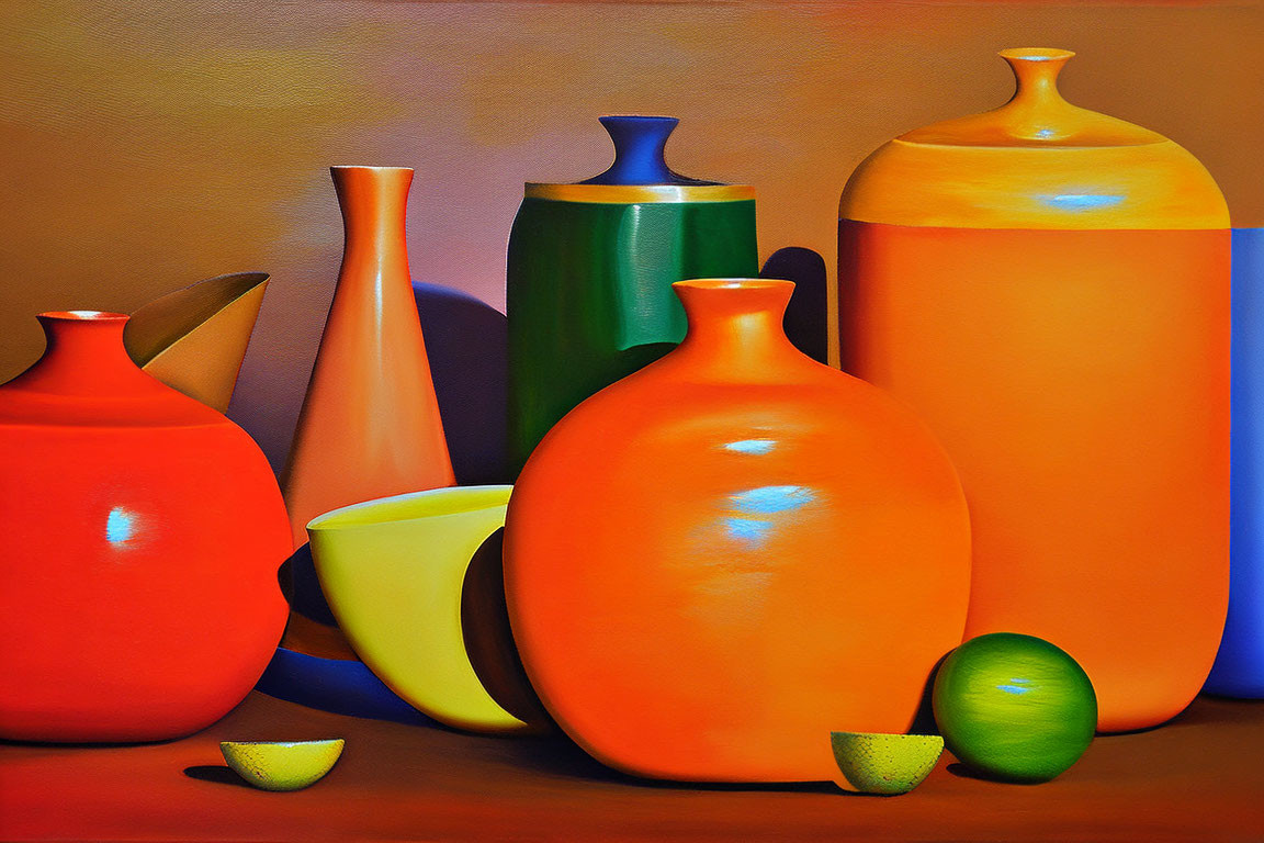 Colorful ceramic vases and split lime in vibrant still life.