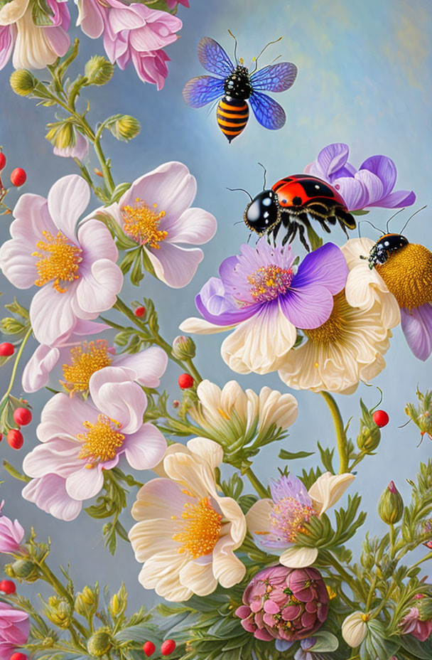 Colorful digital artwork featuring insects and flowers on a soft blue backdrop