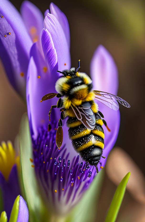 Bumblebee gathering pollen from purple flower stamens