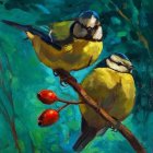 Colorful Stylized Birds Perched on Branch with Red Berries