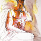 Colorful hand-drawn artwork of a muscular, winged male figure in a contemplative pose with