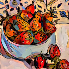 Realistic still life painting of ripe cherries in blue bowl