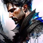 Fantasy male warrior with dark hair and ornate armor in castle spires setting