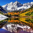 Colorful Watercolor Mountain Landscape with Fall Foliage & Lake Reflection