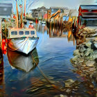 Serene harbor scene with boats, piers, and red houses under blue sky