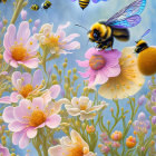 Colorful digital artwork featuring insects and flowers on a soft blue backdrop