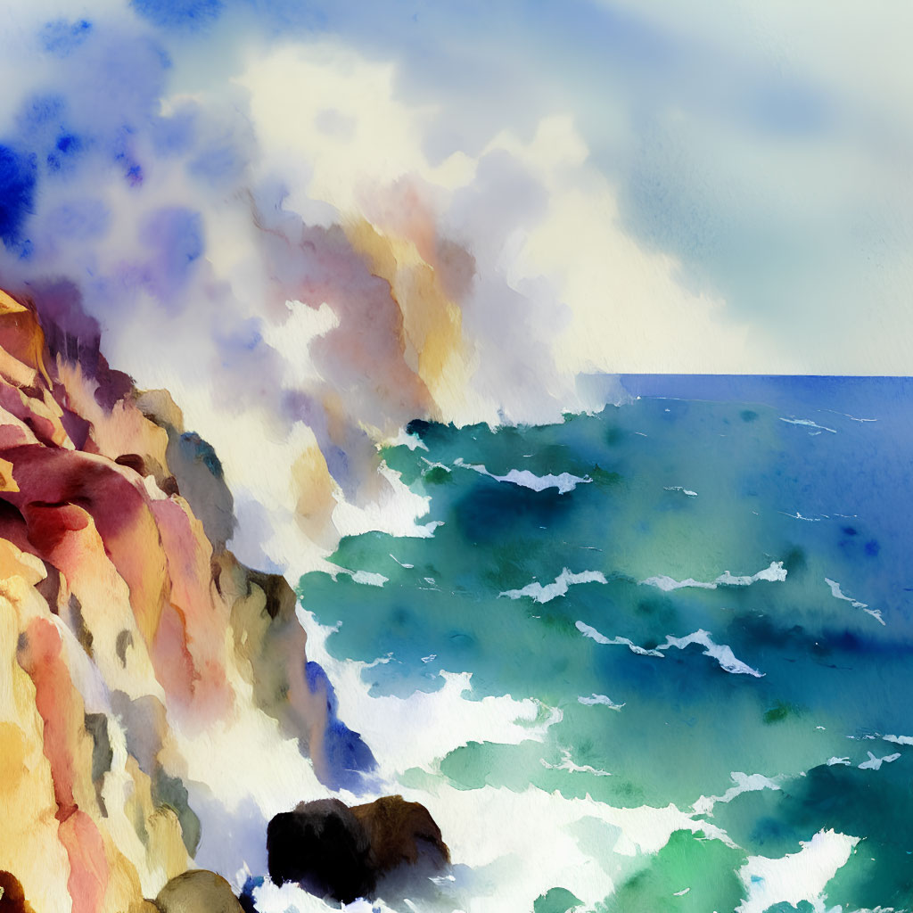 Watercolor painting: Sea waves crashing on rugged cliff under expressive sky