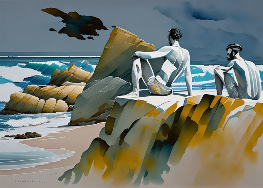 Stylized figures on rocky beach gazing at serene blue sea