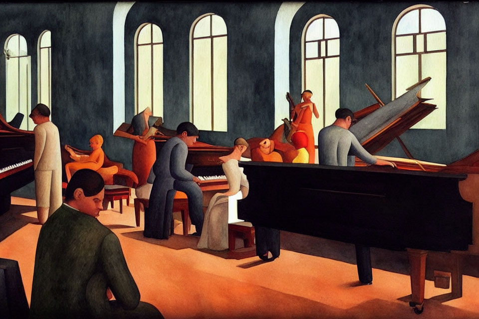 Group of musicians playing instruments in a room with arched windows