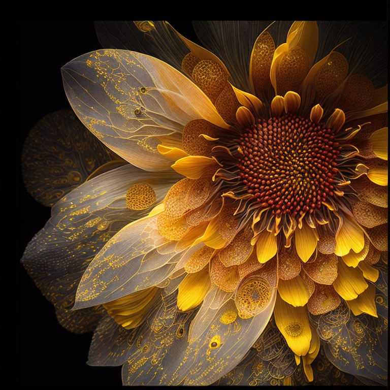 Stylized sunflower digital art with golden patterns on dark background