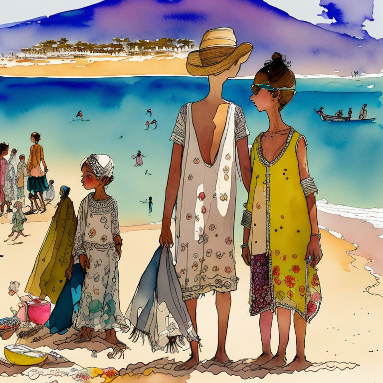 Two women in summer dresses and hats at beach with people and boats.