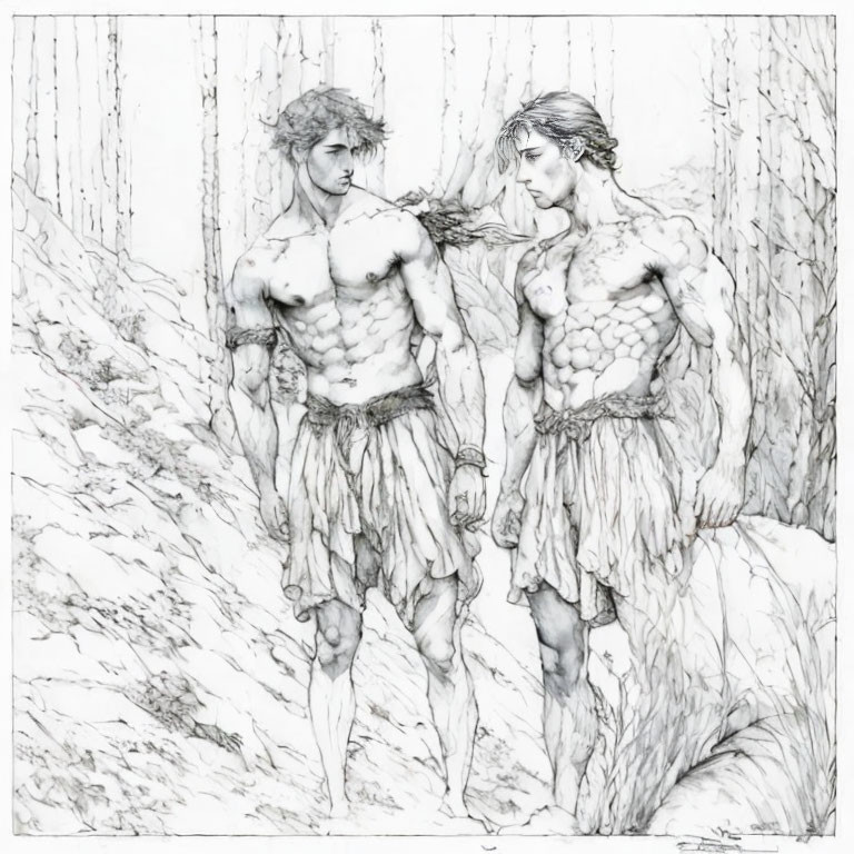Muscular men in minimal clothing stroll in forest scenery
