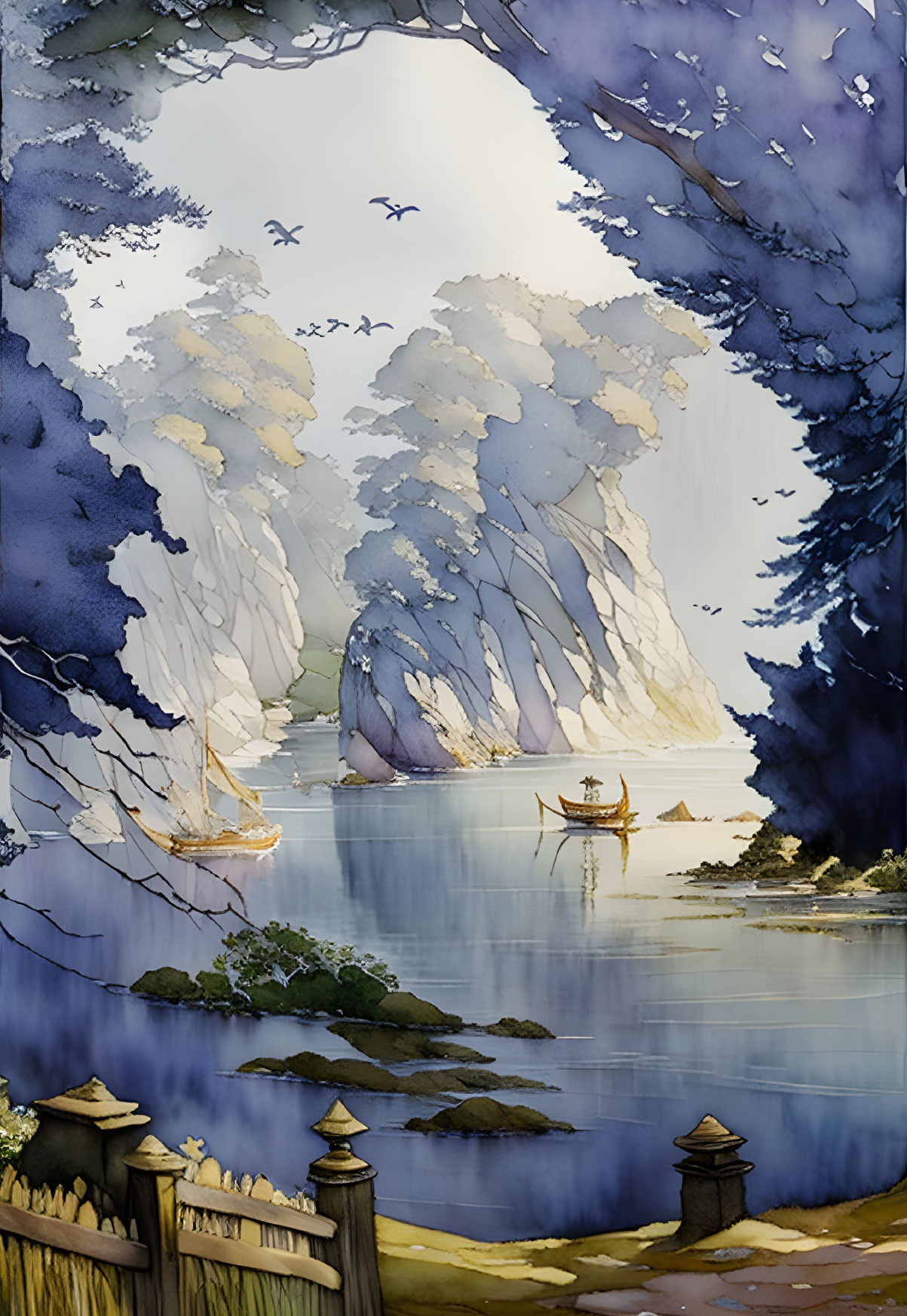 Tranquil river with boats, cliffs, trees, and birds in the sky