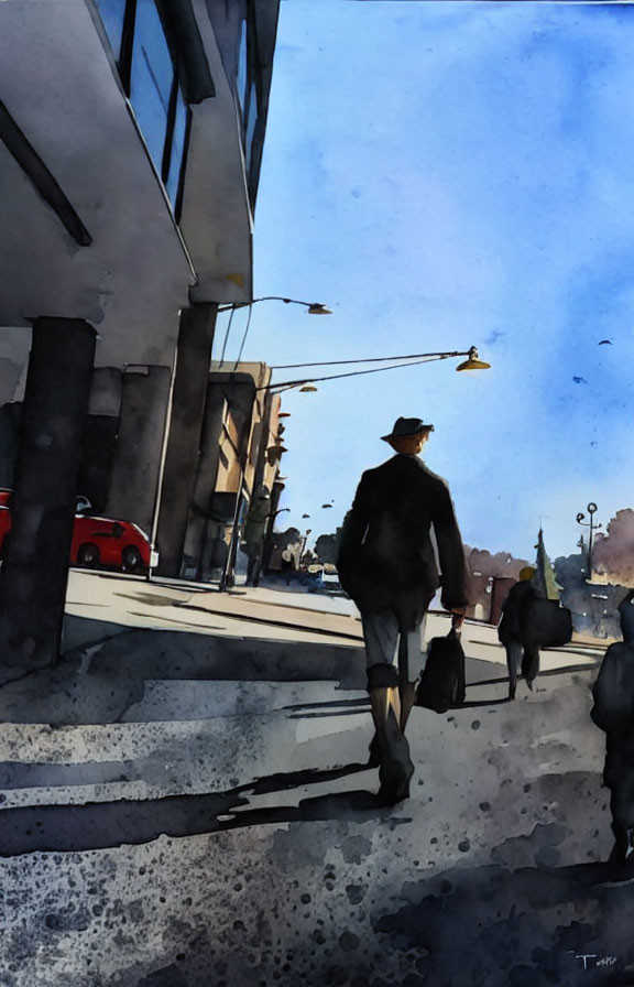 Person in coat and hat walking on city street with long shadow, cars, and streetlights