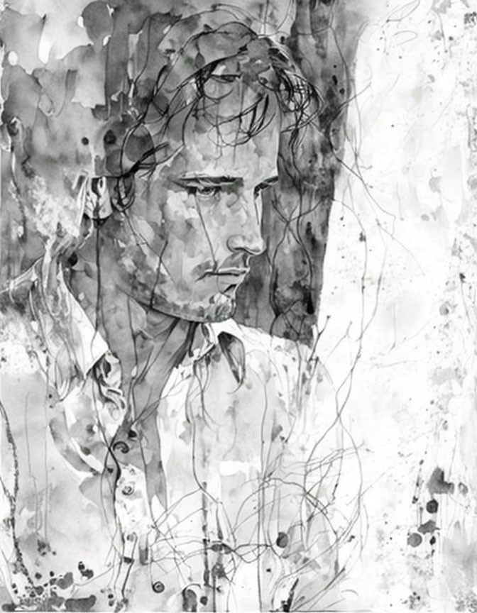 Monochrome Watercolor Portrait of Thoughtful Man with Intense Gaze