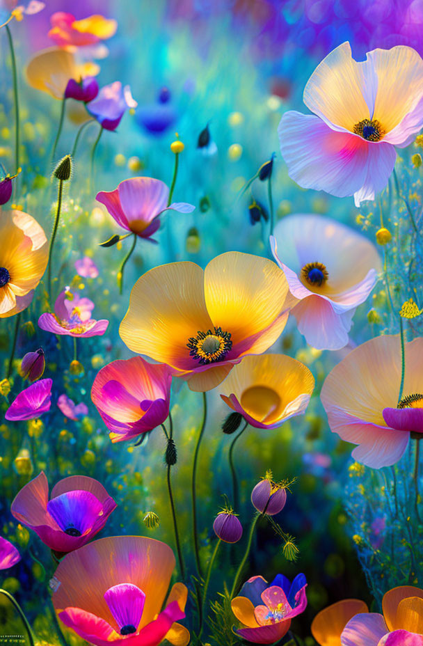 Colorful Flower Field Against Blue and Green Bokeh