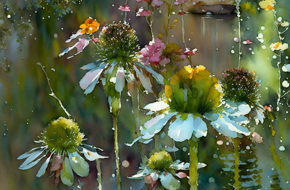 Vibrant watercolor artwork of daisy-like flowers in a dreamy garden setting
