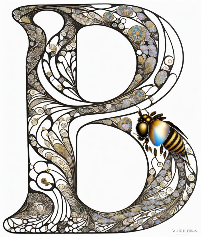 Intricate floral and abstract designs on ornate letter 'B' with stylized bee