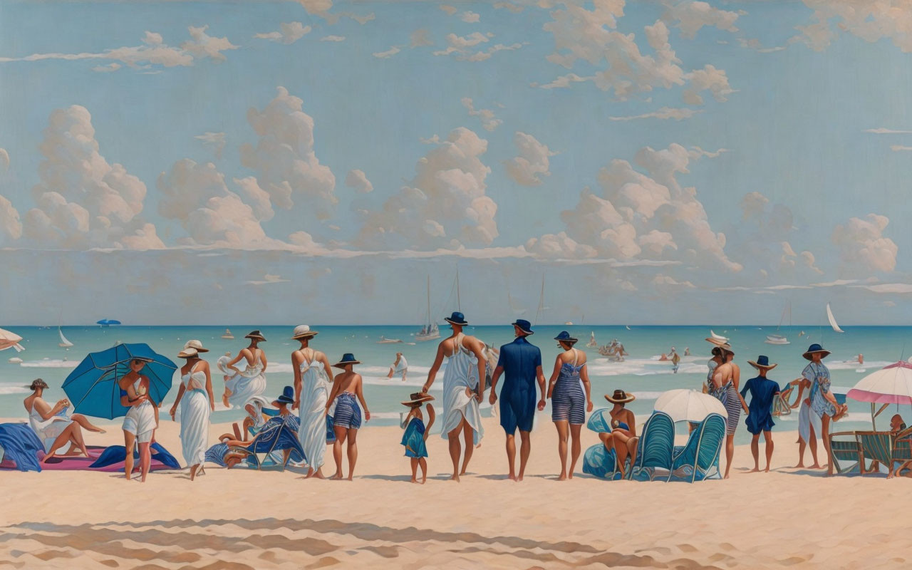 Vintage-Style Painting: People in Period Beachwear on Sunny Beach