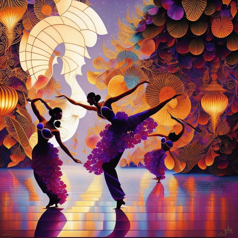 Colorful Silhouetted Figures Dancing Under Stylized Moon