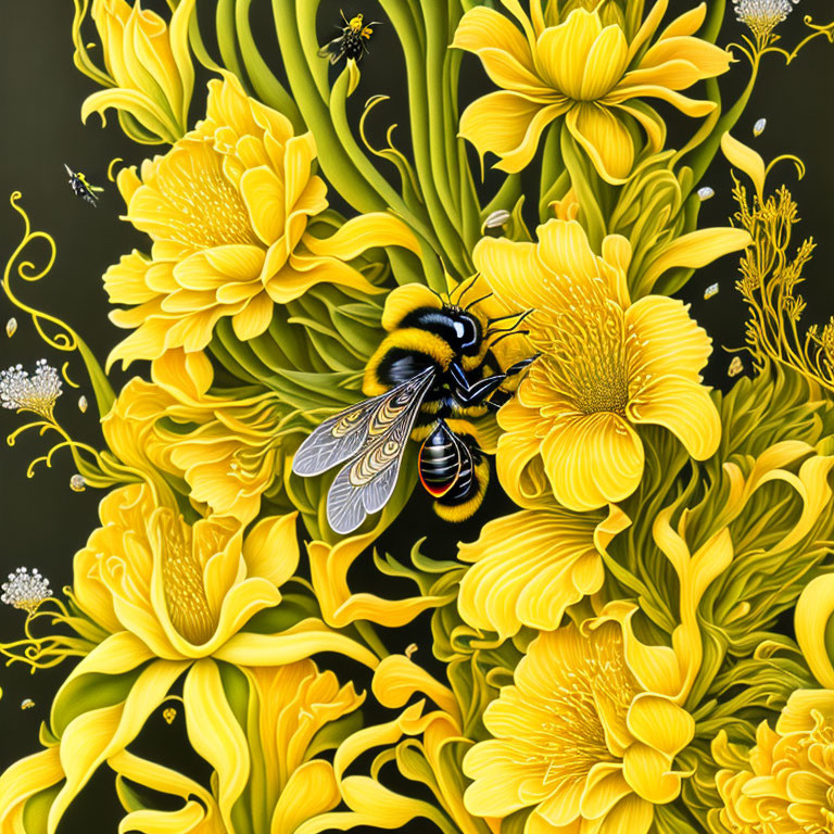 Detailed Illustration: Bumblebee on Yellow Flowers