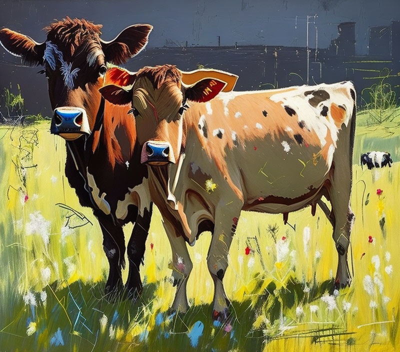 Vividly colored cows in modern abstract art style
