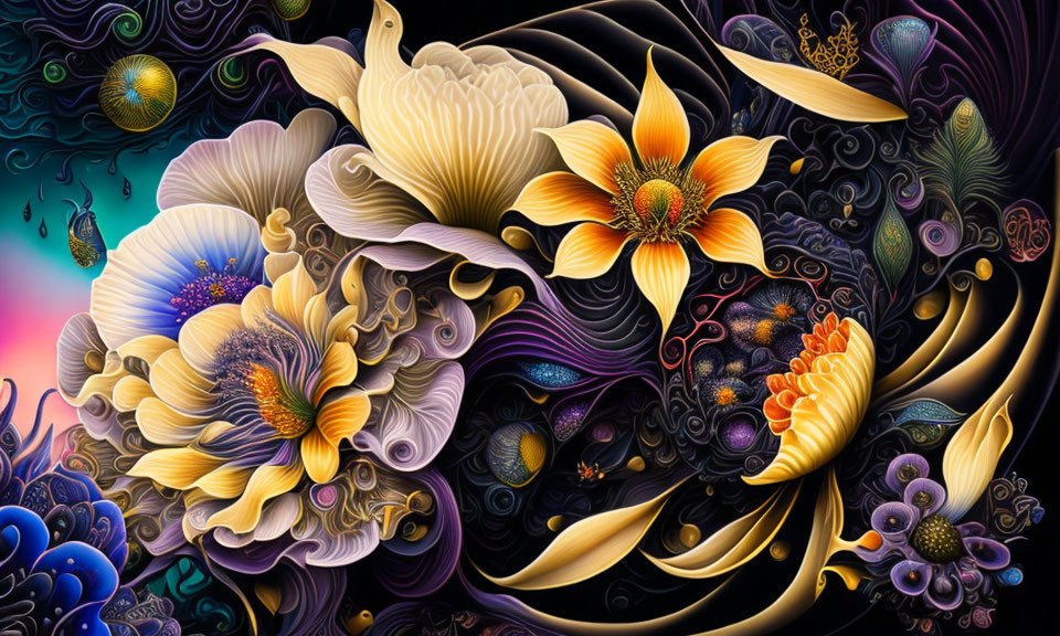 Stylized floral digital art with vibrant yellow and white patterns