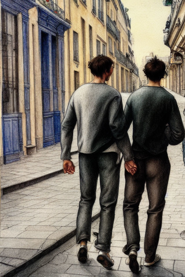 Couple walking hand in hand on European narrow street