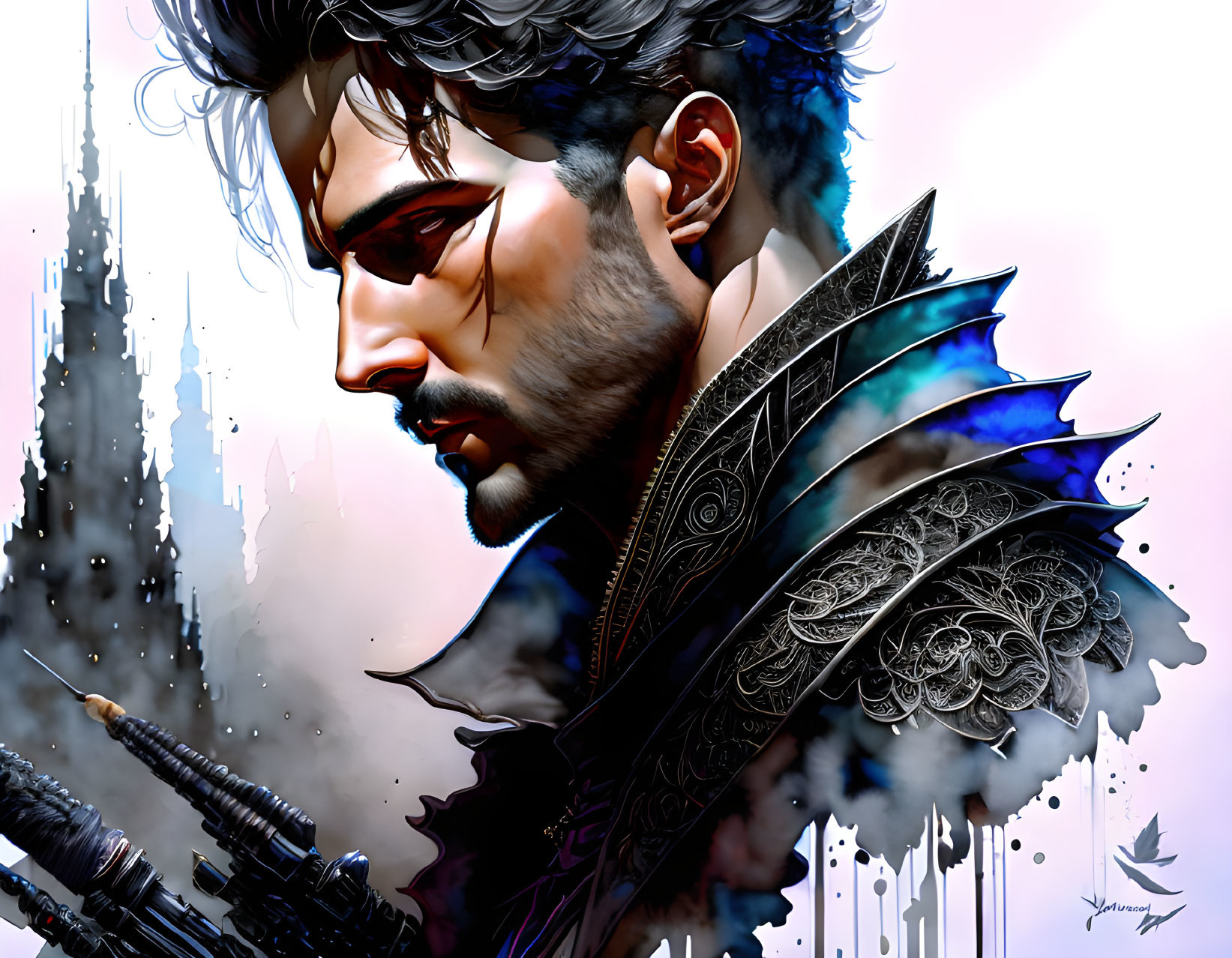 Fantasy male warrior with dark hair and ornate armor in castle spires setting