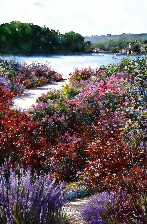 Colorful watercolor painting of lush landscape with blooming flowers and river.