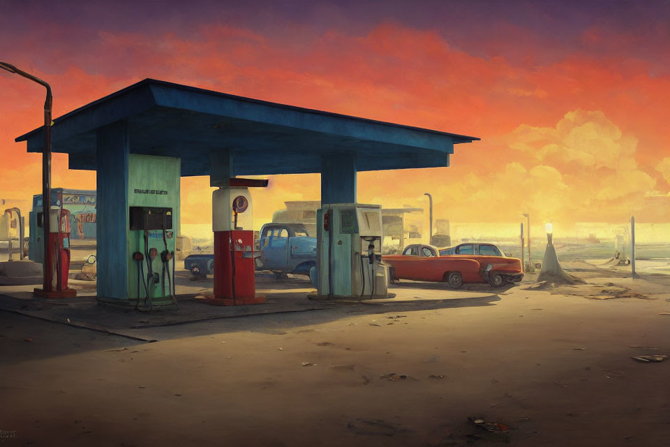 Vintage gas station with classic cars under dramatic sunset sky