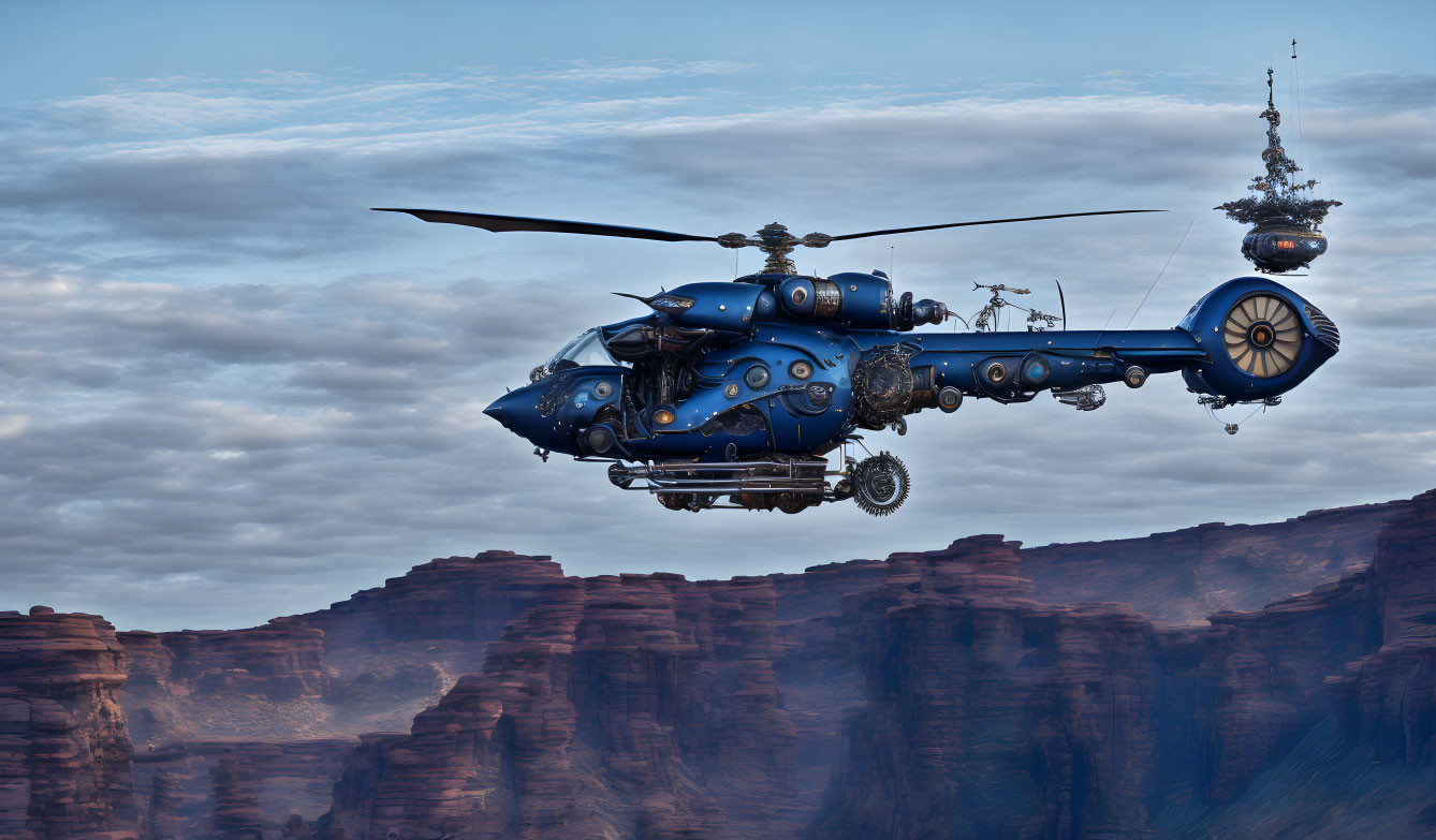 Futuristic blue helicopter flying over red rocky cliffs near spherical structure