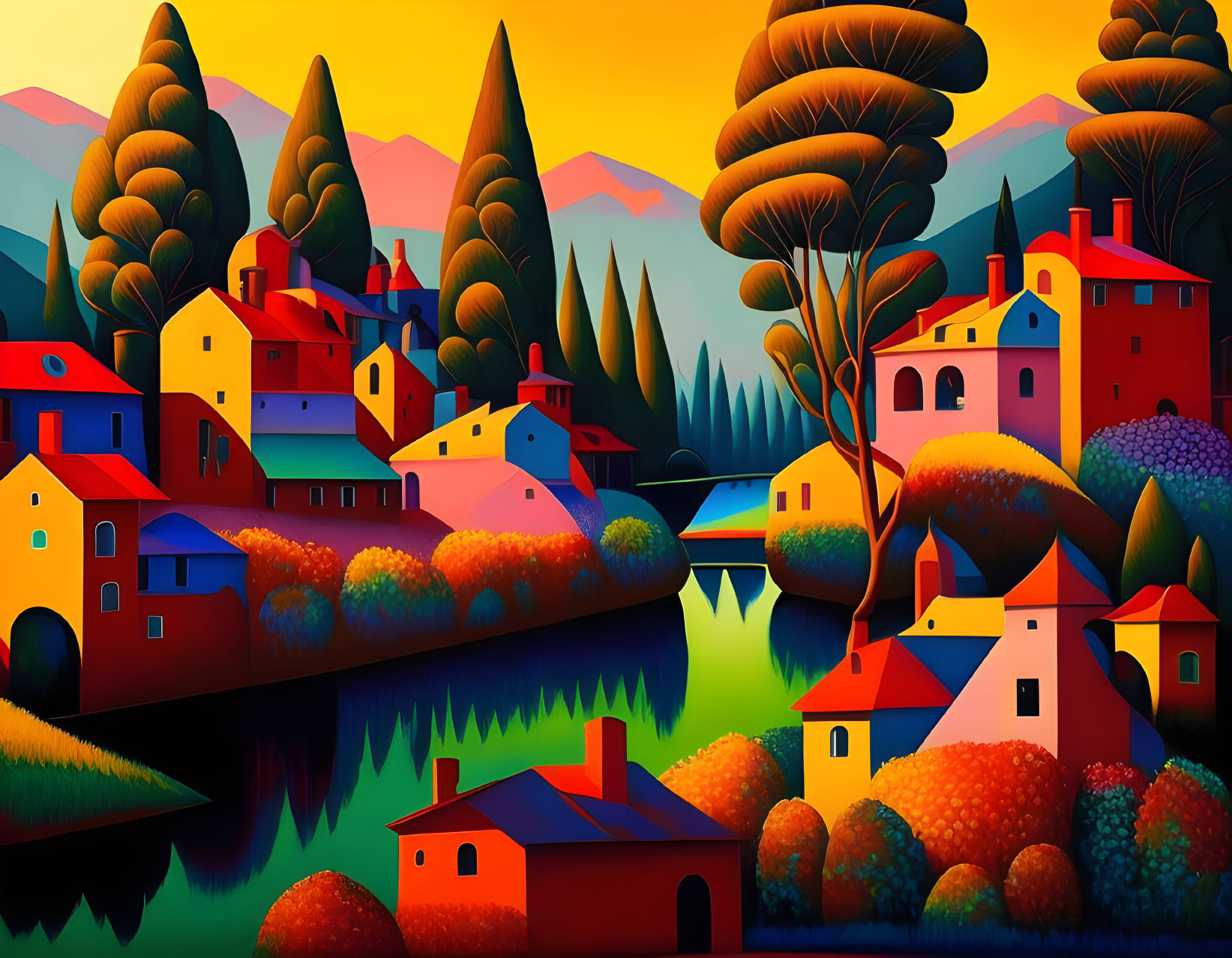 Colorful village painting with river reflections and sunset hills