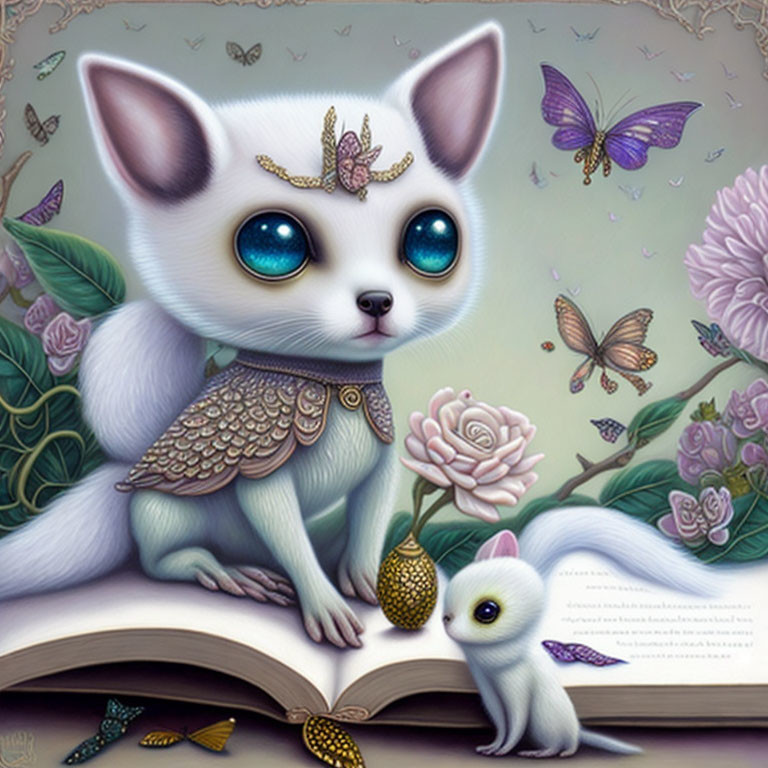 Stylized illustration of white cats with jewelry on open book