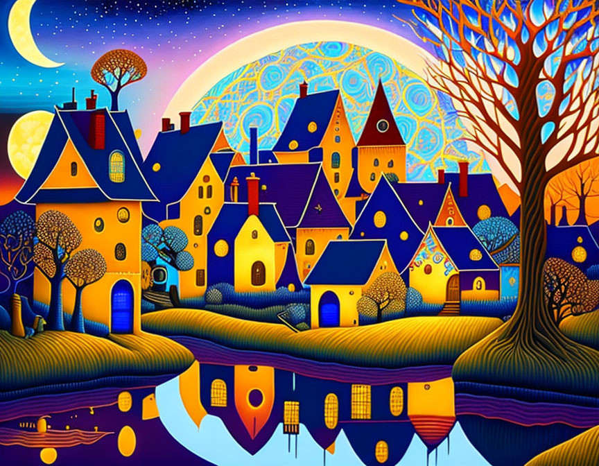 Colorful Whimsical Village Illustration with Moonlit Water Scene