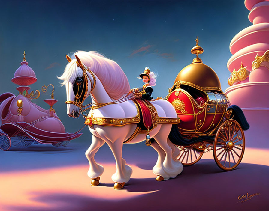 Majestic white horse pulling golden carriage in whimsical sky