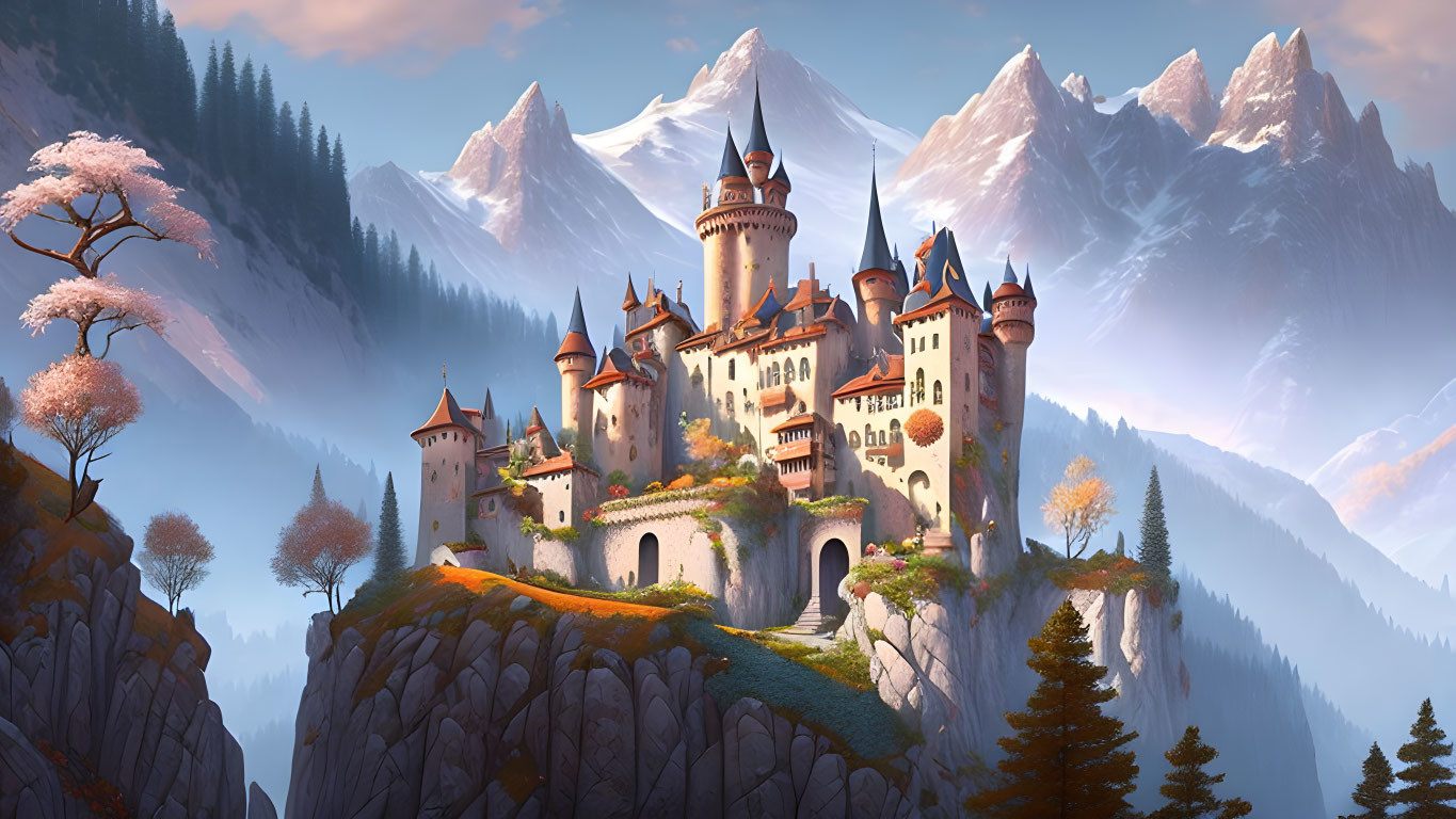 Majestic castle on rocky cliff with spires, towers, blooming trees, snowy mountains