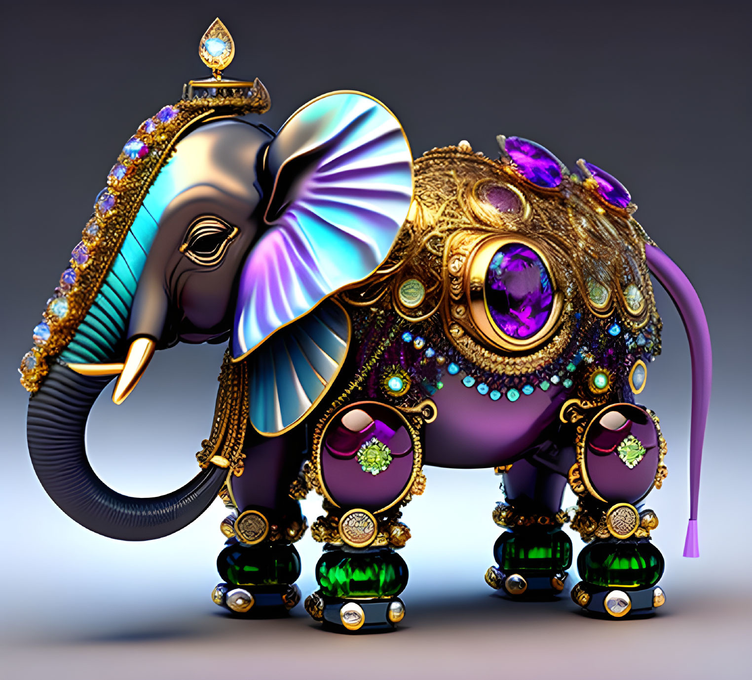 Ornate 3D-rendered elephant with jewels and gold accents