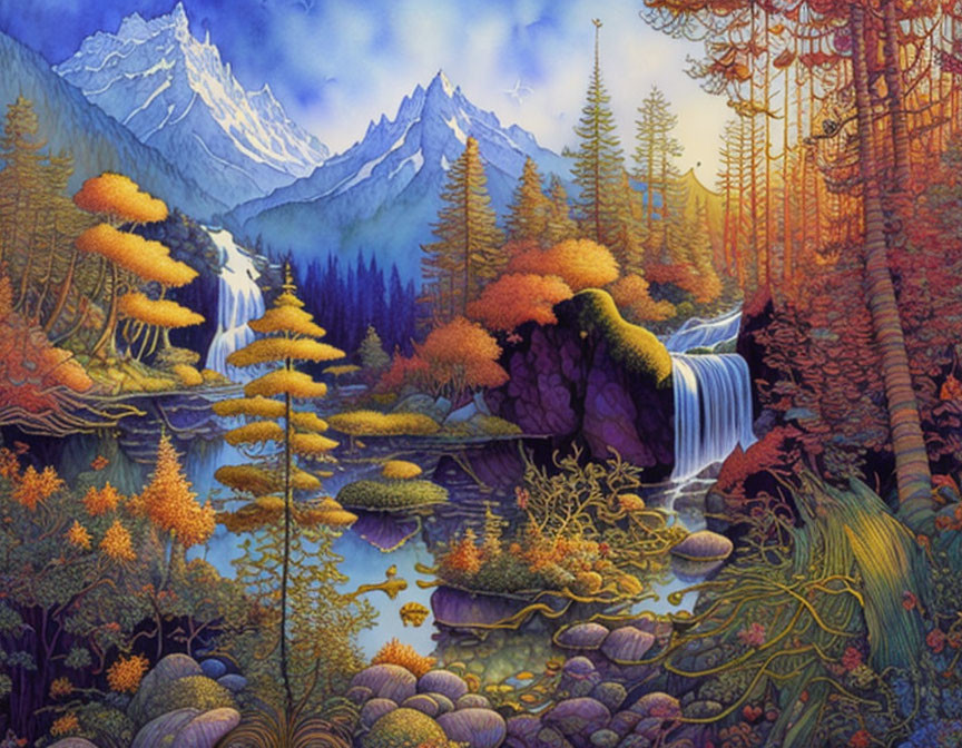 Colorful Fantasy Landscape Painting with Waterfall, River, Foliage, Snowy Mountain