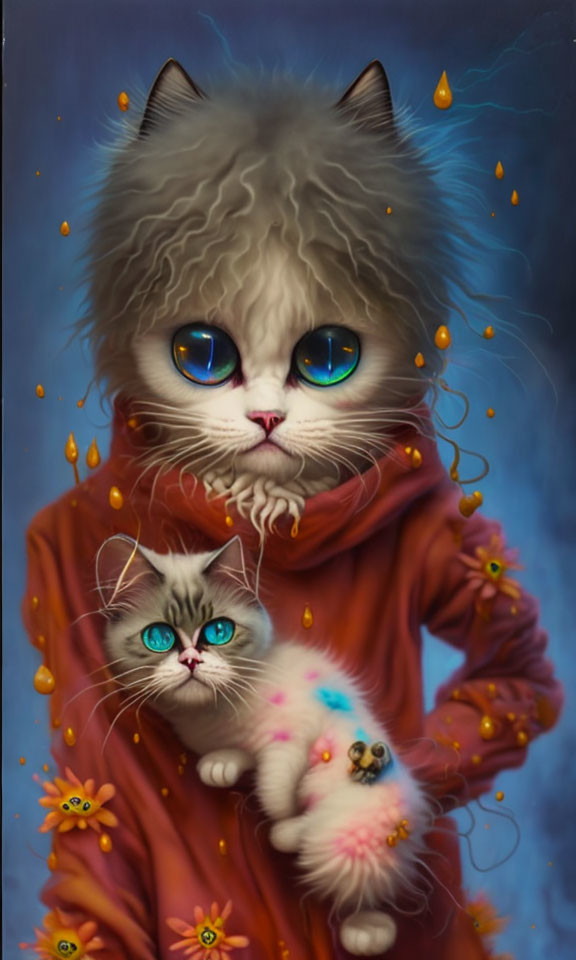 Whimsical cat illustration with expressive blue eyes and floating golden petals