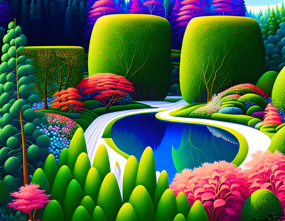 Colorful Landscape with River & Geometric Shapes