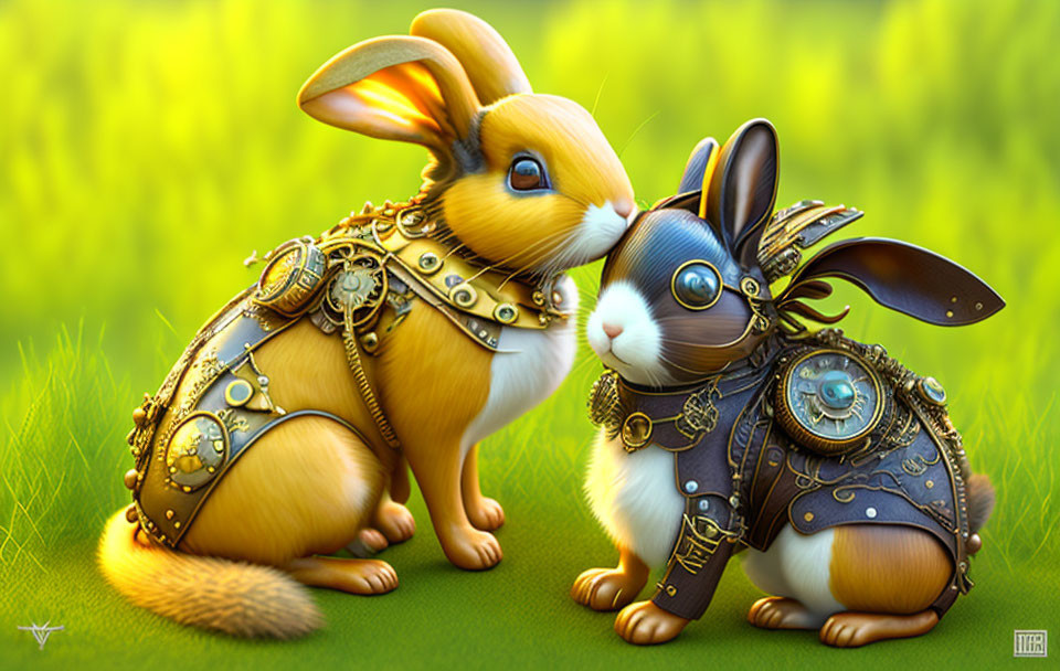 Steampunk-style animated rabbits with mechanical elements on vibrant green grass.