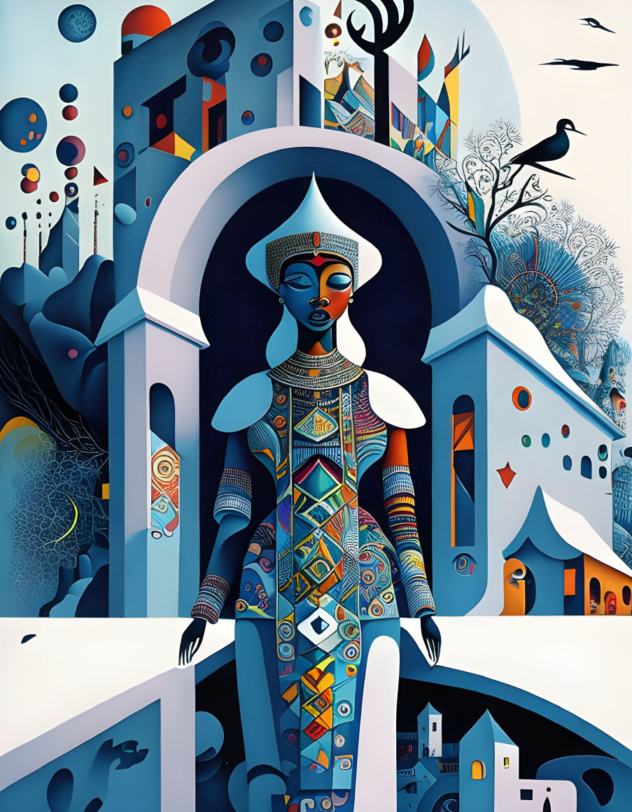 Geometric-patterned attire woman with surreal cityscapes and orbs.