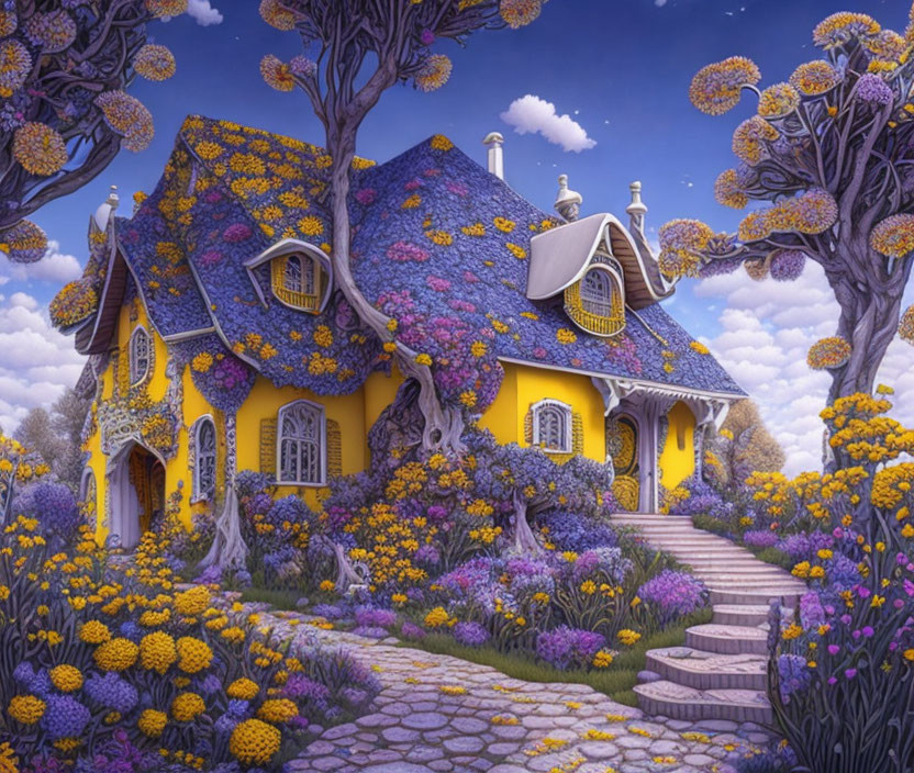 Whimsical Yellow Cottage with Blue Roof in Surreal Landscape